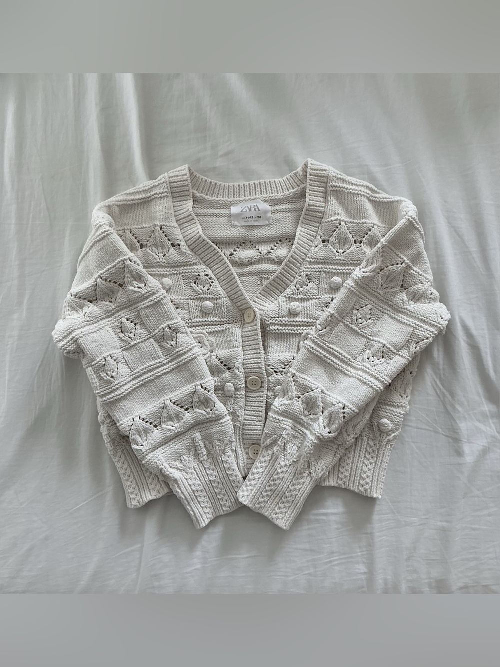 ZARA Girls Textured Knit Cardigan in Cream Size 11-12